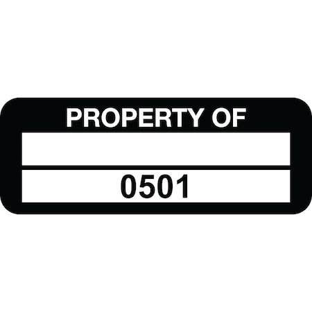 Lustre-Cal Property ID Label PROPERTY OF Polyester Blk 2in x 0.75in 1 Blank Pad&Serialized 0501-0600, 100PK 253744Pe2K0501
